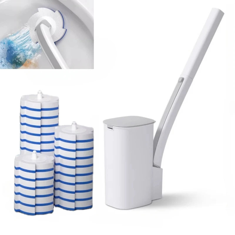 A white reusable toilet cleaning brush kit with a long handle and a cylindrical brush head is shown next to several stacked b