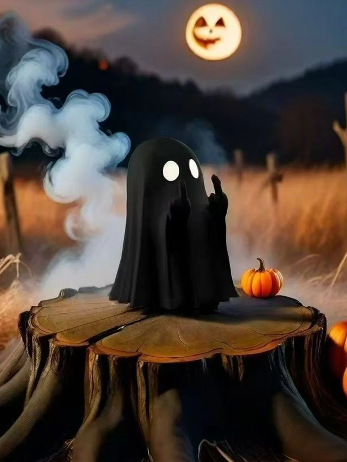 A black ghost statue decoration with glowing eyes sits on a wooden log in a dark, spooky outdoor setting.