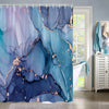 A sheer shower curtain featuring abstract marble fluid texture in shades of blue, purple, and gold accents.