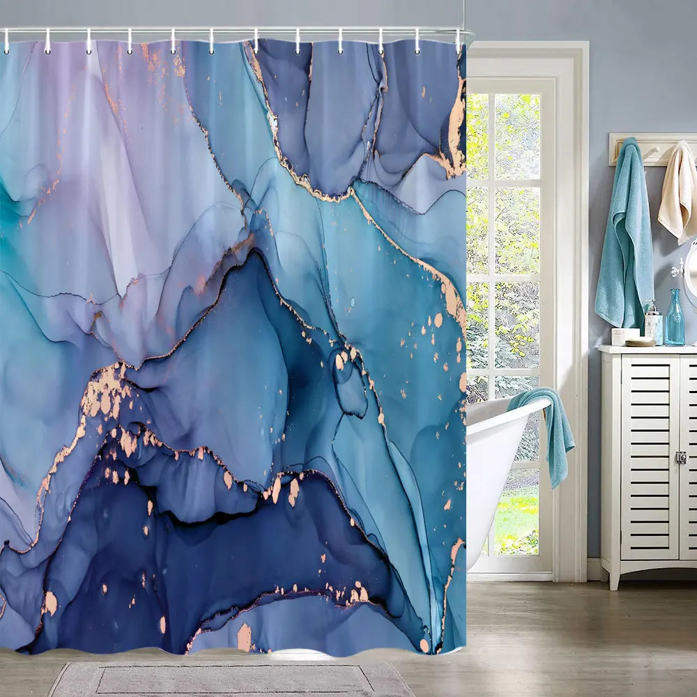 A sheer shower curtain featuring abstract marble fluid texture in shades of blue, purple, and gold accents.