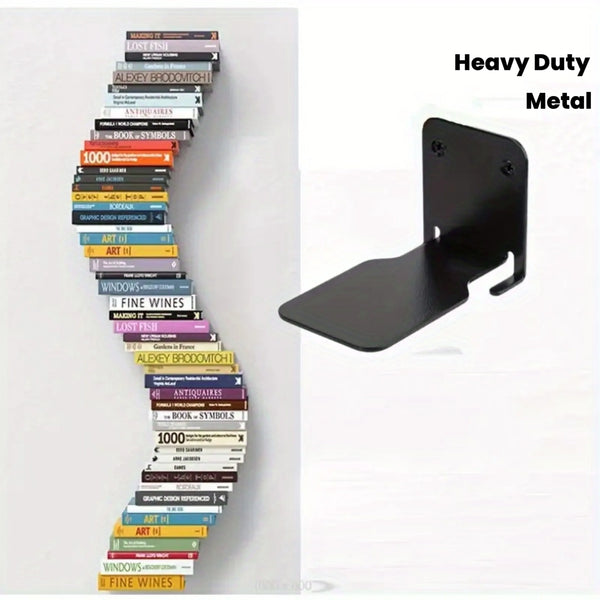 A matte black metal floating bookshelf with various books displayed on a curved shelf.