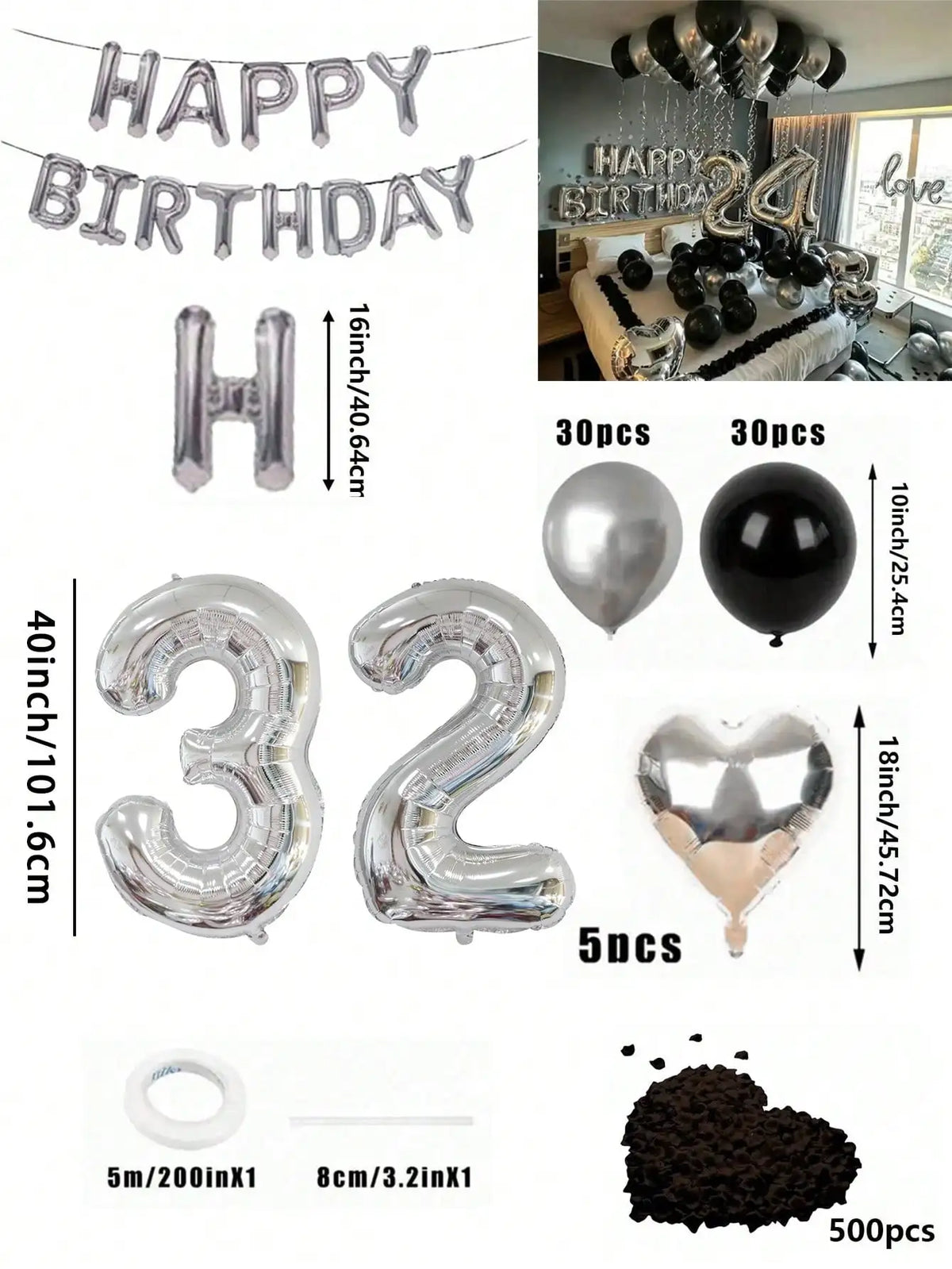 Un juego de globos con números en papel metálico plateado y negro, formas de corazón y confeti.