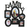 Décor murale familial en bois noir avec diverses photos et lettres encadrées