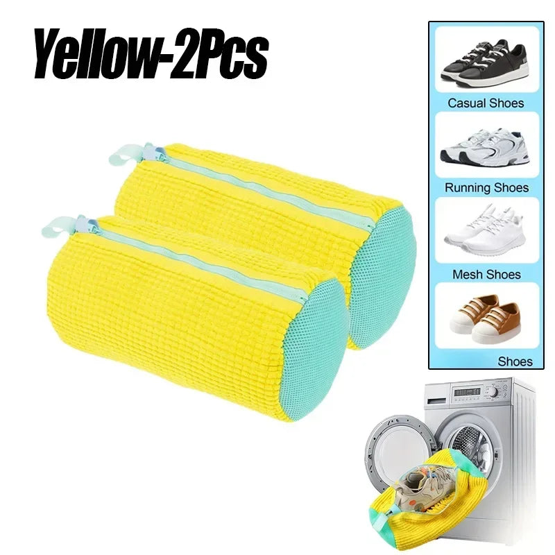 Two yellow zippered laundry bags designed for shoe cleaning, shown next to various shoe types.