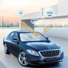 A dark sedan is shown with various light beams (UV, infrared, strong light) shining onto its windshield for sunshade protecti