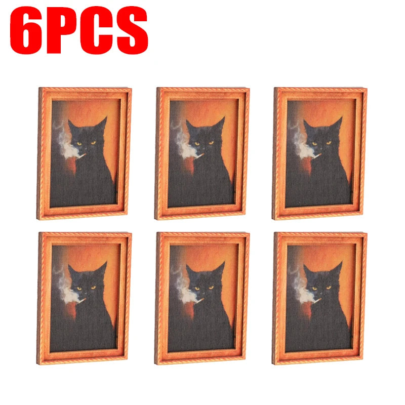Sechs gerahmte Drucke einer schwarzen Katzen-Silhouette auf dunklem Hintergrund für Home Decor