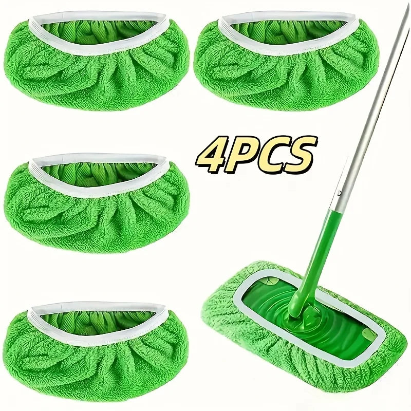 Four reusable green mop pads and a cleaning tool are shown for enhanced floor cleaning.