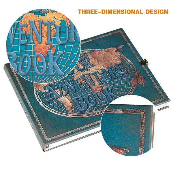 A three-dimensional design featuring a book with a globe cover and an adventure book title.