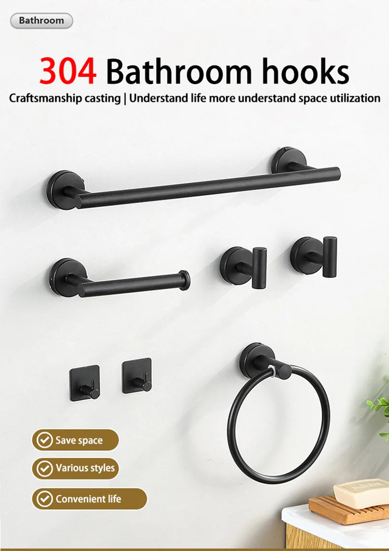 A black bathroom hook rack with 304 hooks mounted on a white wall.