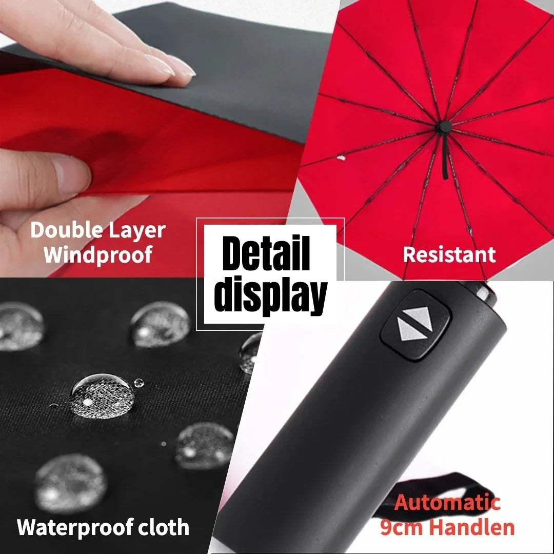 A red and black double-layer waterproof umbrella with a detail display and automatic 9cm handle.