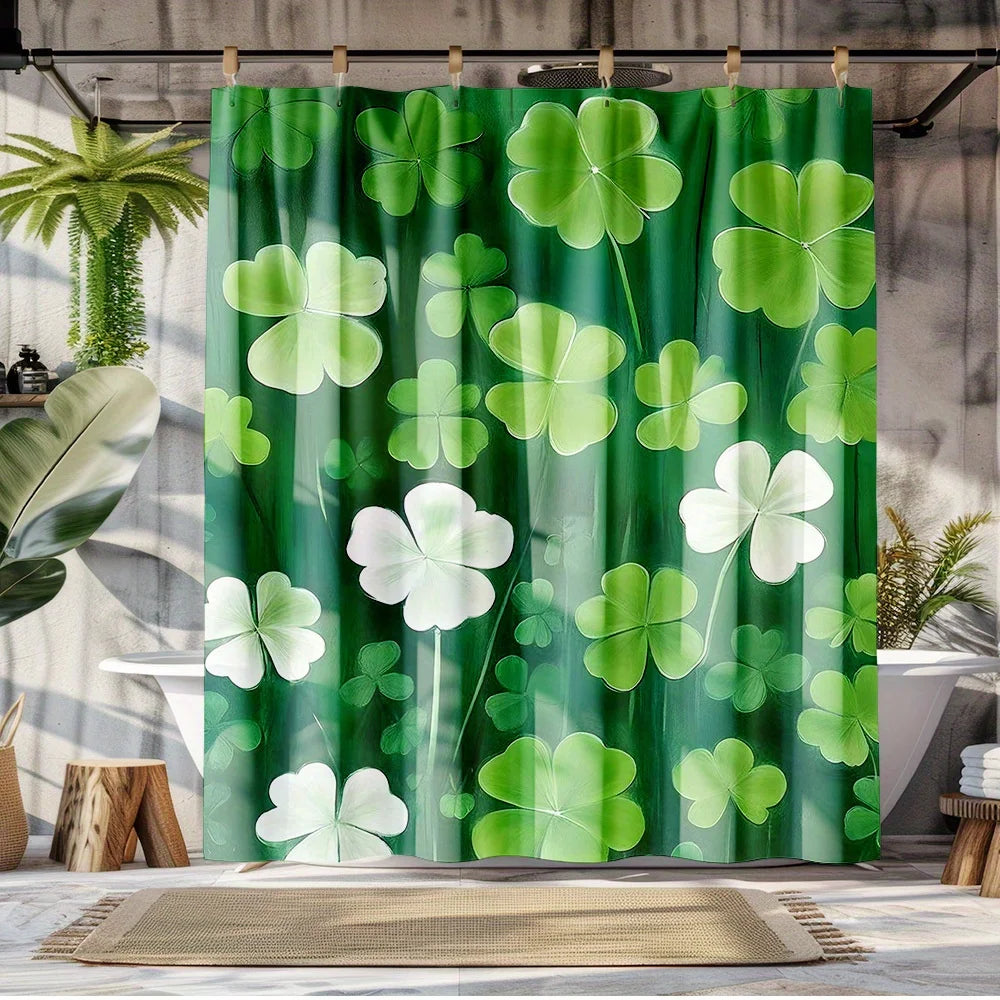 A vibrant green shower curtain featuring a tropical garden design of various clover and leaf shapes.