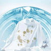 White shirt with gold laundry beads and water droplets against a light blue background.