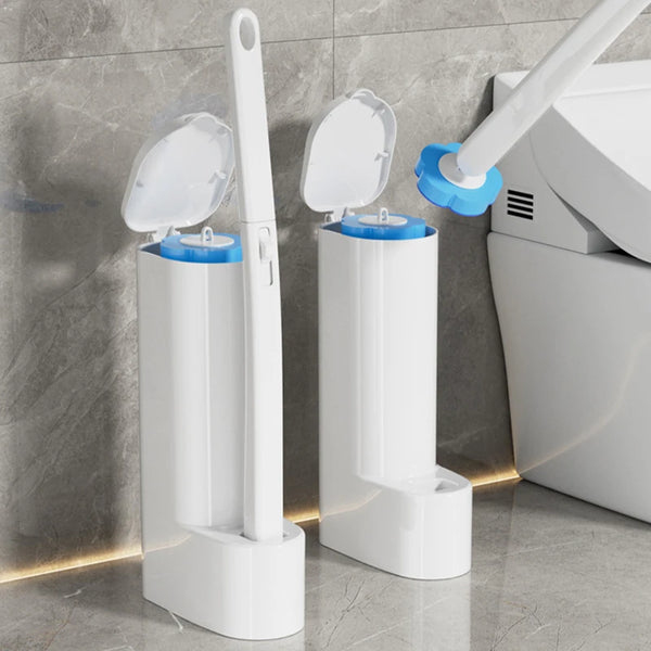 A white reusable toilet cleaning brush set with two upright handles and cleaning heads on a gray tiled surface.