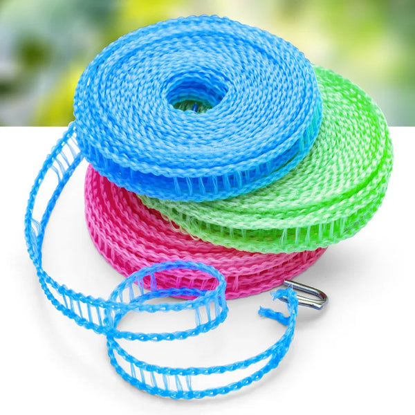 A spool of blue, pink, and green heavy-duty anti-slip clothesline drying rope.