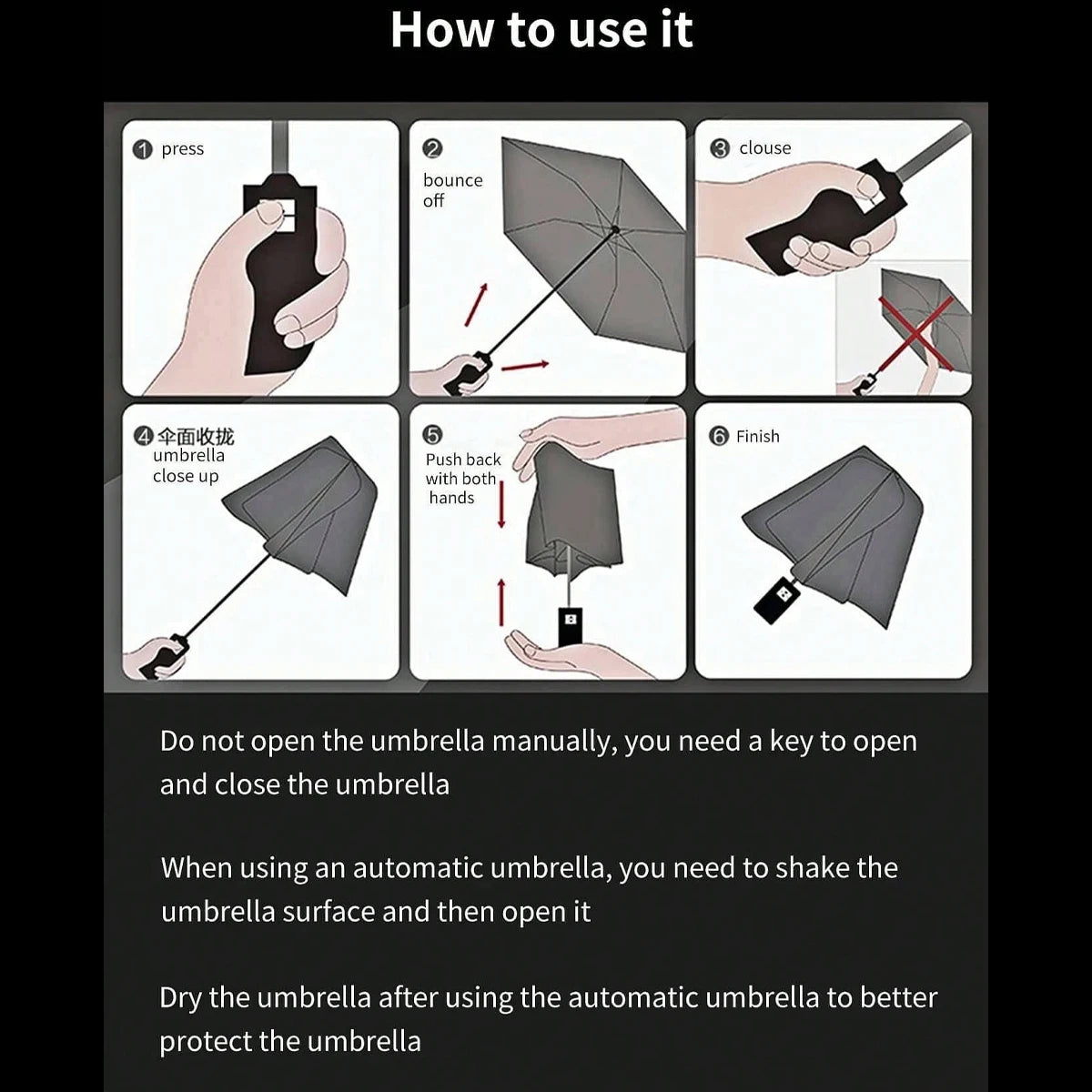 Instructions showing how to press, bounce off, close, and finish an automatic transparent folding umbrella.