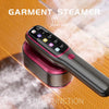 A black handheld garment steamer iron is shown with steam rising, next to a stack of pink fabric.