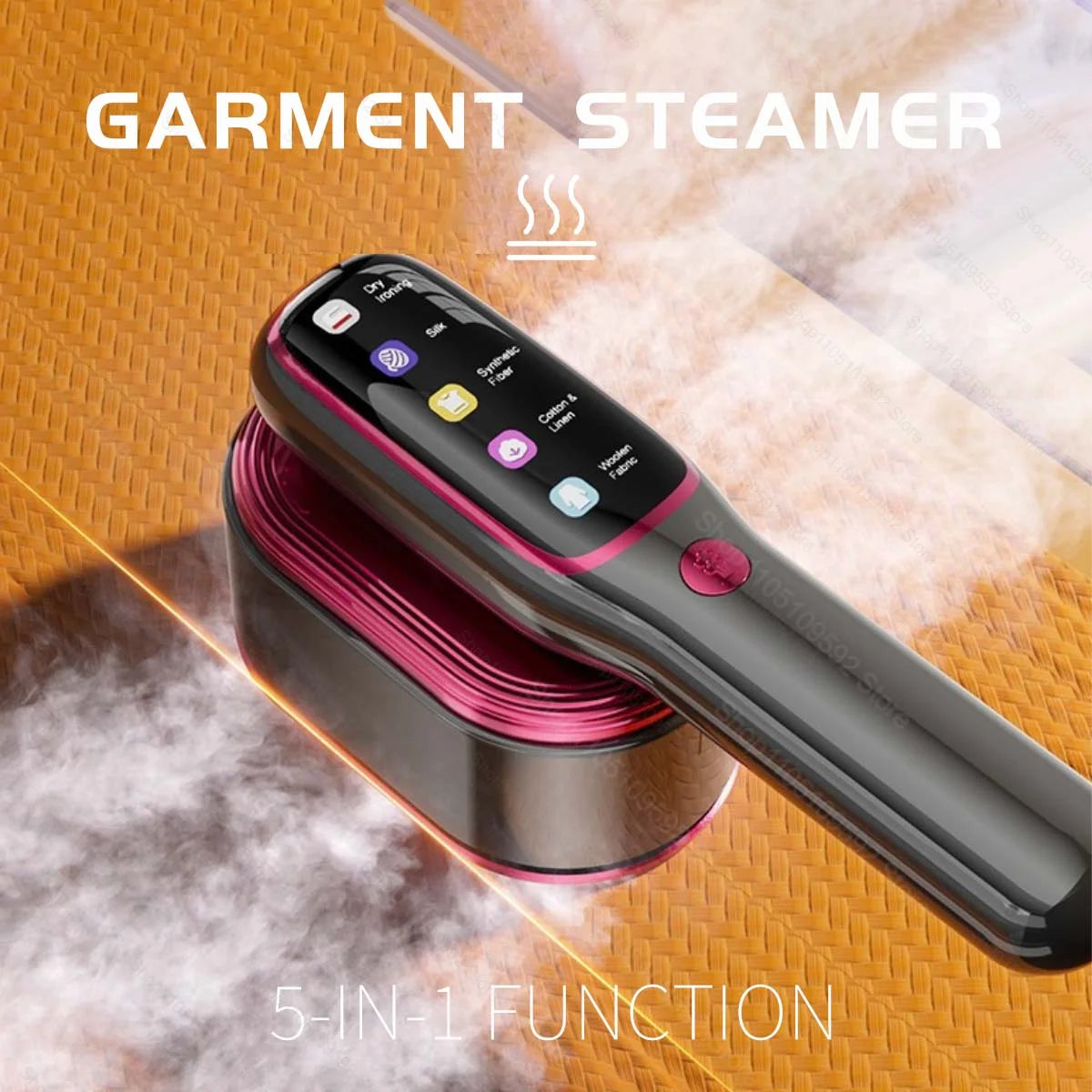 A black handheld garment steamer iron is shown with steam rising, next to a stack of pink fabric.