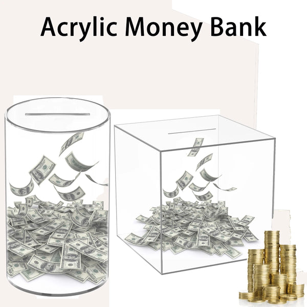 A transparent acrylic money bank filled with dollar bills and a stack of gold coins.