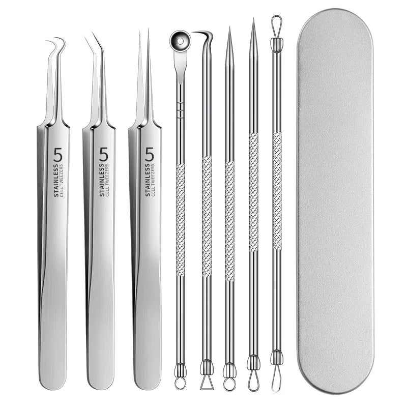 A set of stainless steel tools for acne and blackhead removal including various pointed instruments