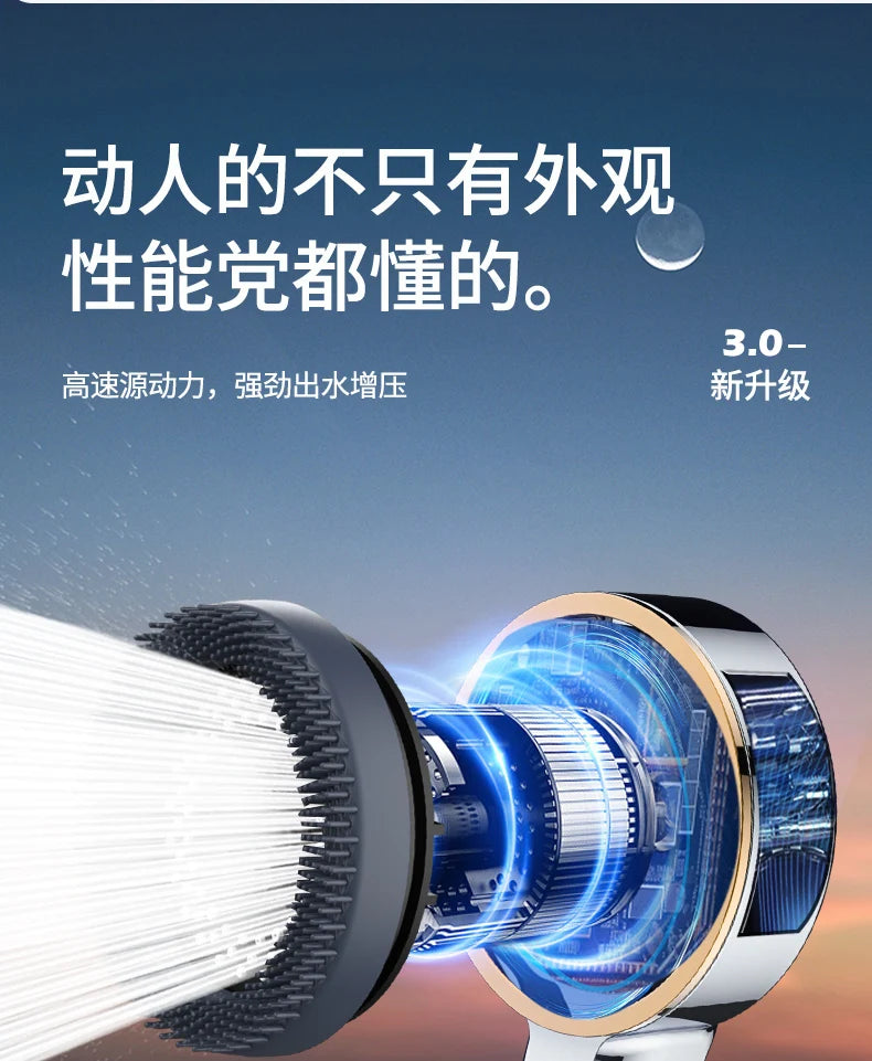 Close-up of a modern shower head with multiple spray modes demonstrating high-pressure water jets.