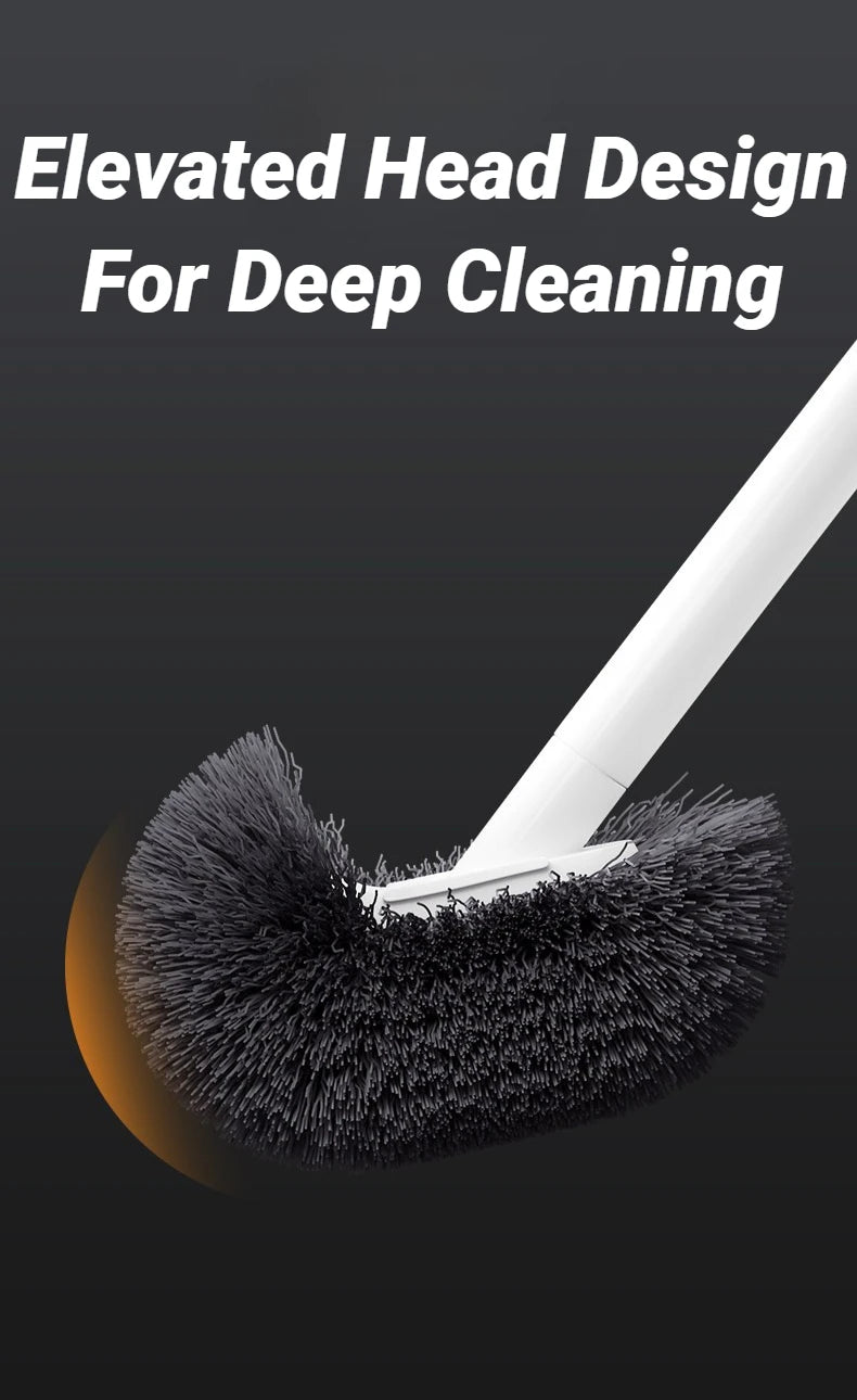 A close-up view of an elevated head design toilet brush with a long handle for deep cleaning.