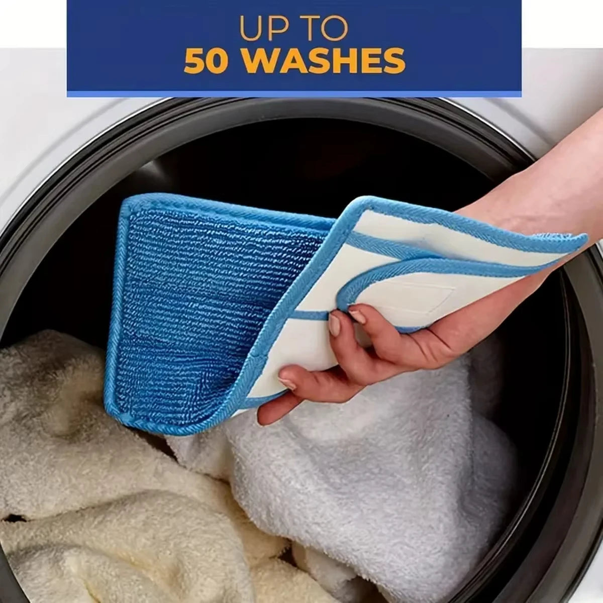 A hand is placing a blue and white reusable microfiber mop pad into a washing machine drum.