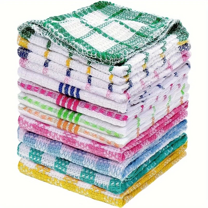 A stack of plaid microfiber dish towels in various colors including green, white, pink, blue, and yellow.
