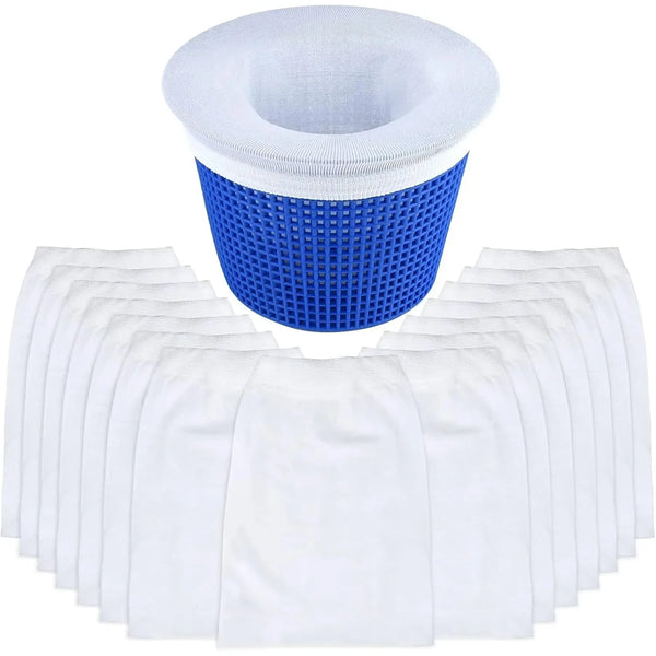 A stack of white reusable pool skimmer filter socks with blue mesh tops.