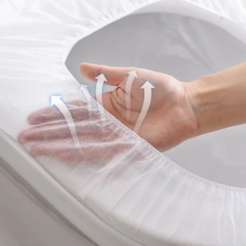 A hand is shown touching a disposable white toilet seat, illustrating the removal process.