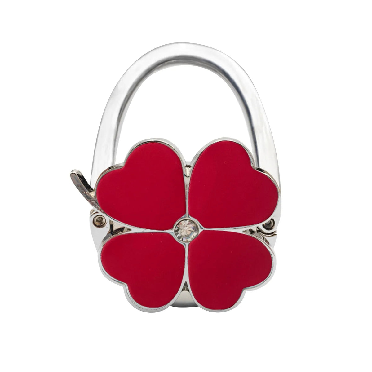 Silver foldable handbag hook with a heart-shaped red charm.