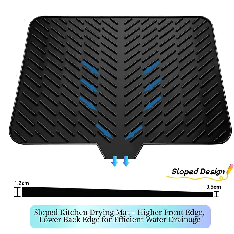 Black silicone kitchen drying mat with a sloped design for efficient water drainage