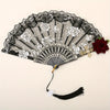 Vintage Spanish flamenco rose lace handheld fan with black and white floral patterns