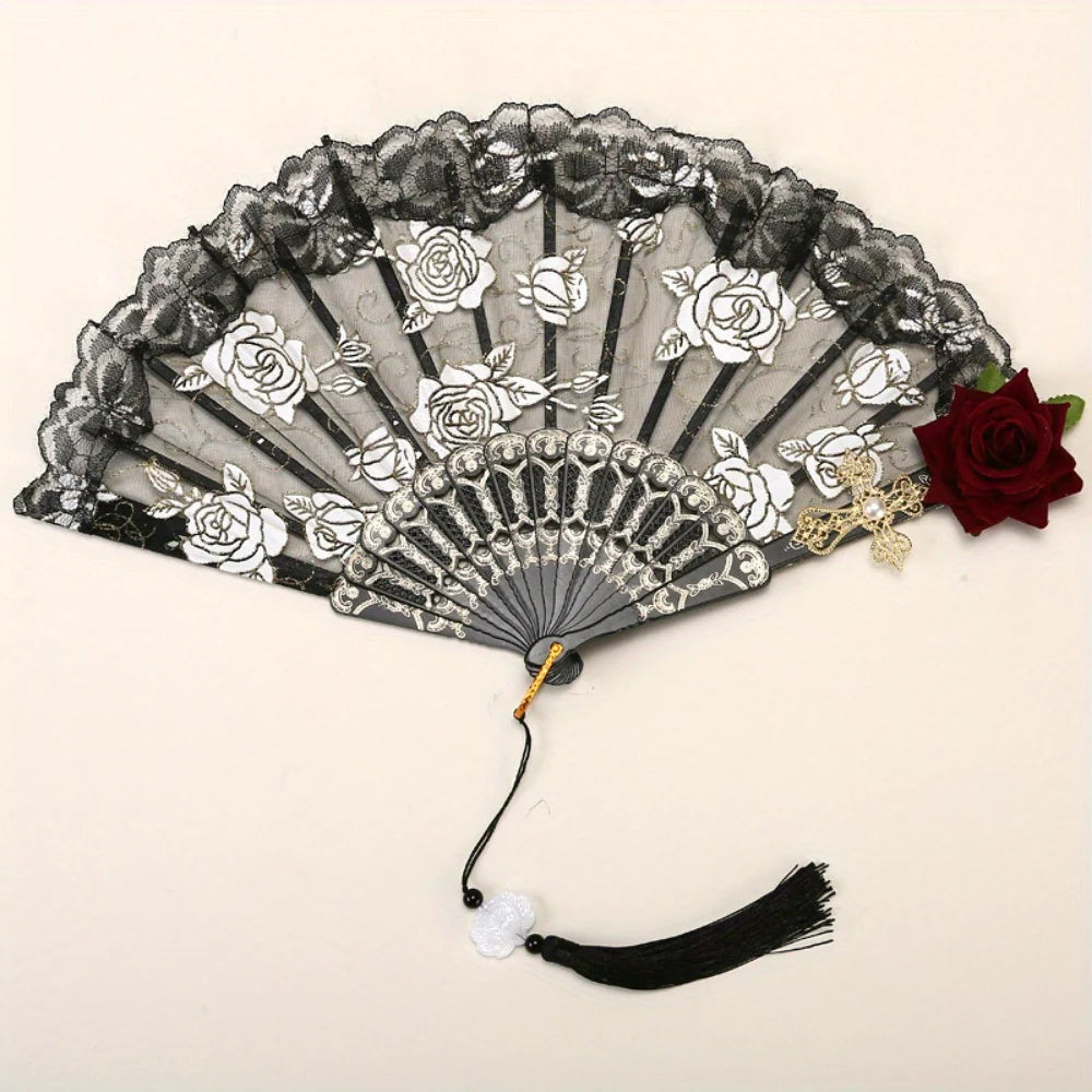 Vintage Spanish flamenco rose lace handheld fan with black and white floral patterns