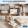 Vacuum storage bags with electric pump used for compressing clothing in home and travel settings.