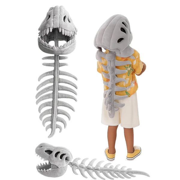 A dinosaur skeleton costume featuring a skull, ribs, and tail, displayed alongside a full body version.