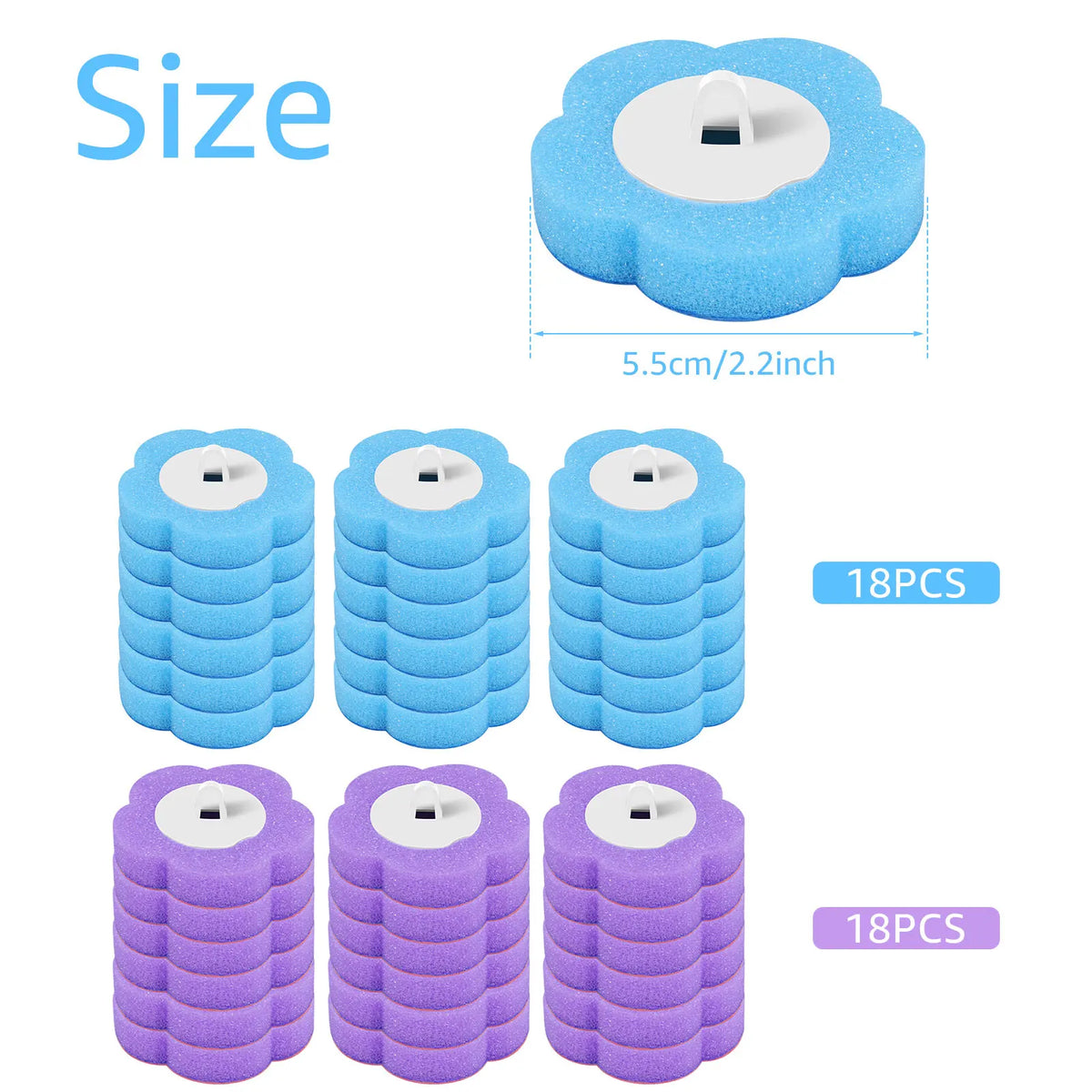 Set von Einweg-WC-Reinigungsbürsten in hellblau und lila mit Größenangabe.