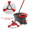 A white and red microfiber mop head replacement for a spin mop system is shown with the attached pole.