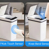 Four views of an automatic motion sensor trash can demonstrating hand, kick touch, knee bend, and manual operation.