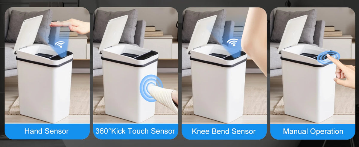 Four views of an automatic motion sensor trash can demonstrating hand, kick touch, knee bend, and manual operation.