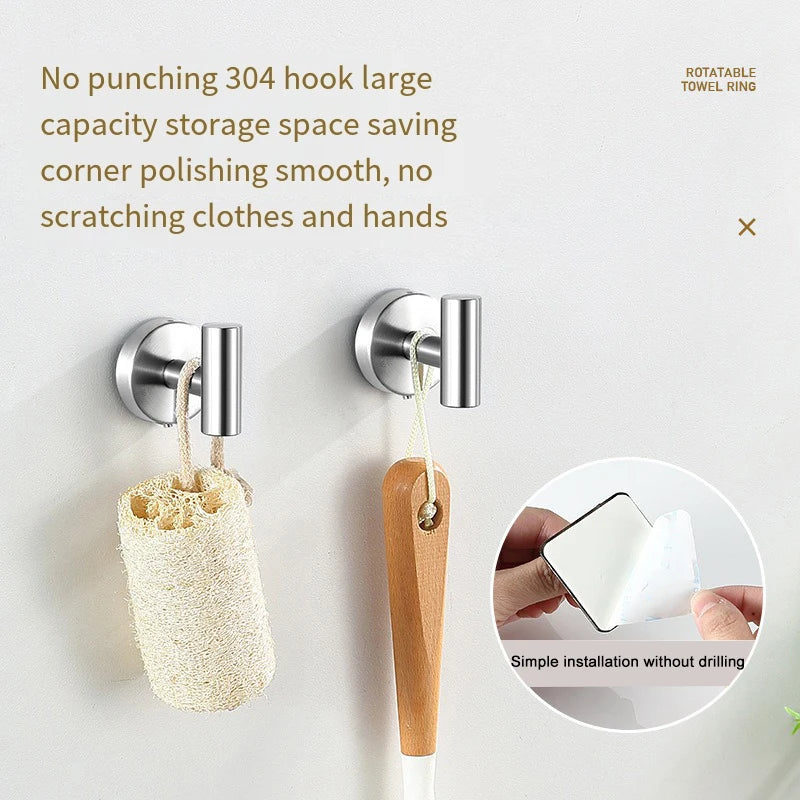 A heavy duty stainless steel towel ring with a natural wood hanger for simple installation without drilling.