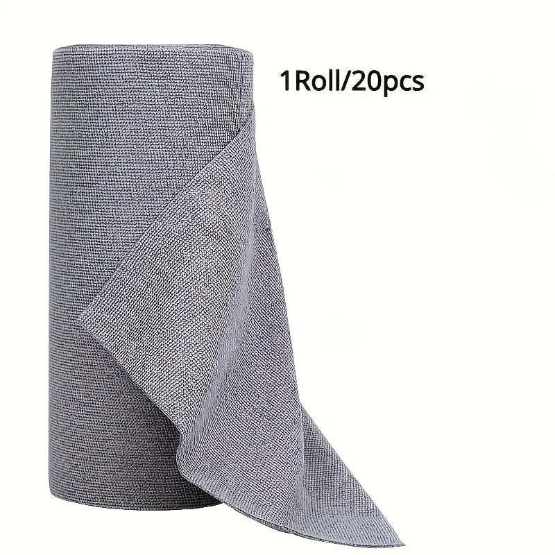 Roll of gray reusable microfiber cleaning cloths, packaged as 1 roll of 20 pieces.