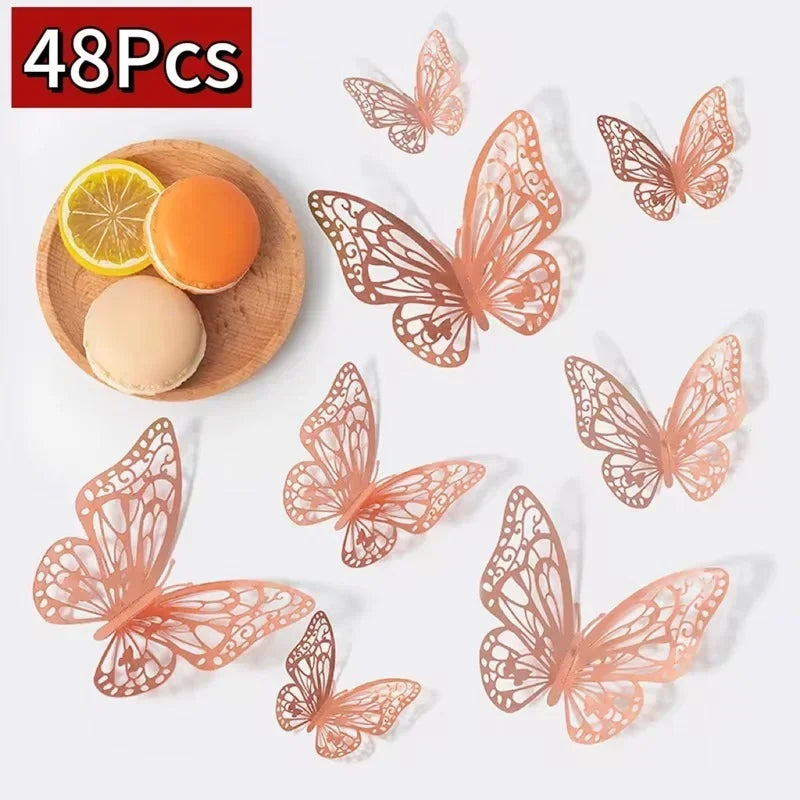 48 pieces of orange and peach colored 3D decorative butterfly wall stickers displayed on a white background.