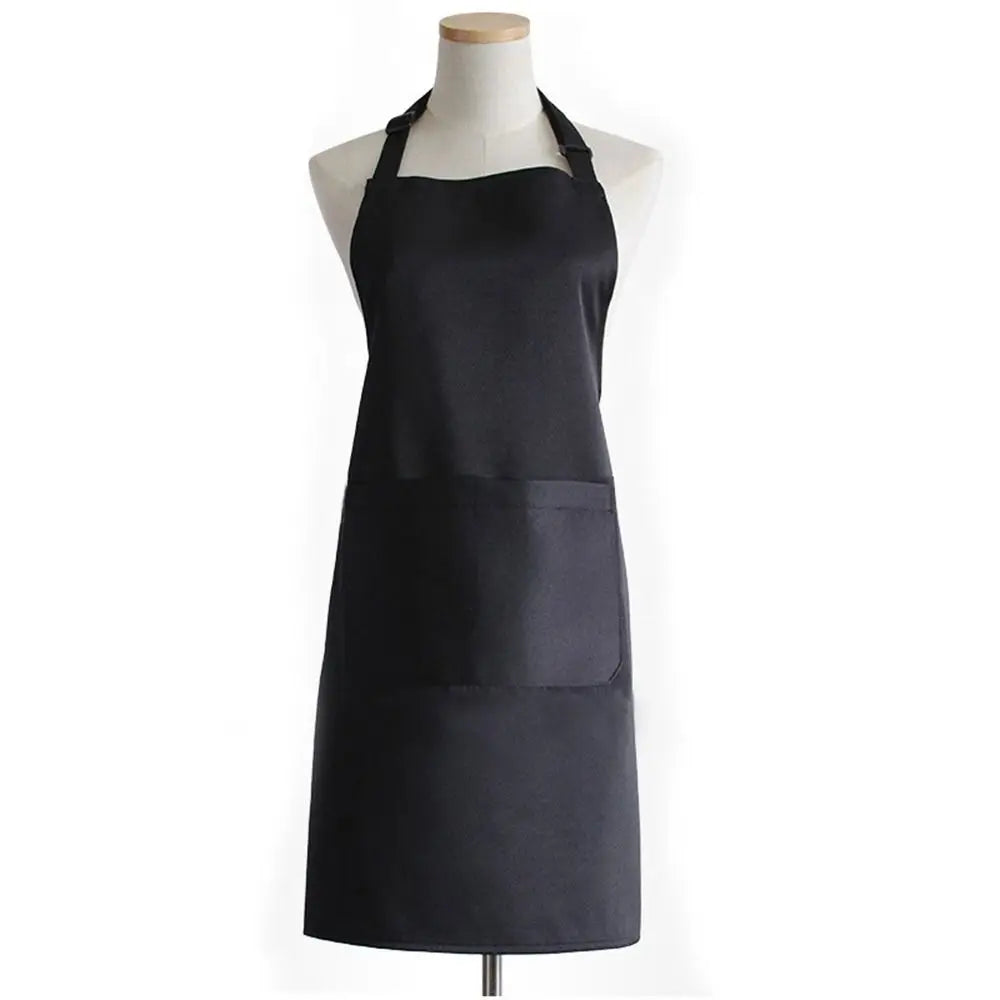 Classic black chef apron with a large front pocket displayed on a mannequin.