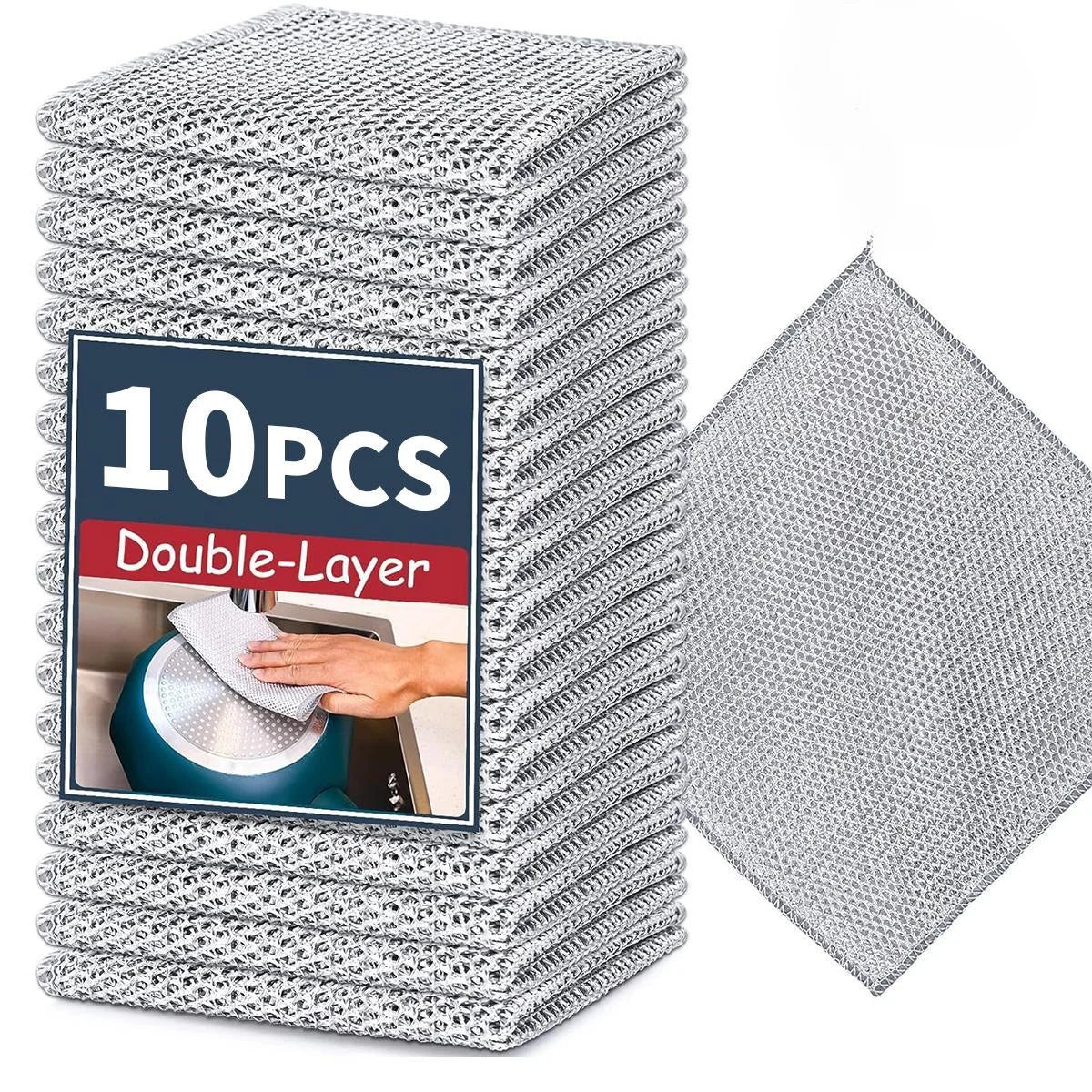 A stack of 10 pairs of double-layer scratch-resistant cleaning cloths in silver mesh texture.