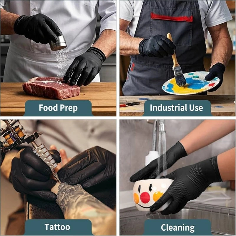 A collage showing various uses of heavy duty disposable nitrile work gloves for food prep, industrial use, tattoo application
