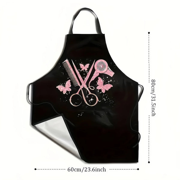 Black hair styling cape featuring a pink butterfly and scissor design for salon use
