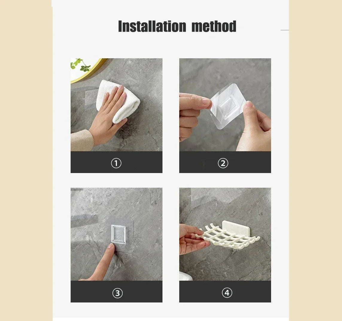 Four steps showing the installation method of a wall mounted soap dish rack for a bathroom.