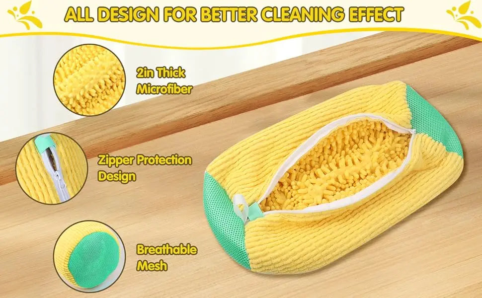 Yellow and green reusable shoe cleaning bag with microfiber material and zipper protection design