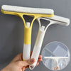 Eine Hand hält ein gelb-weißes 3-in-1 Fensterreinigungs-Squeegee- und Scheibenwischer-Set, das das Werkzeug zeigt und eine ve