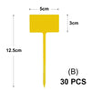 Yellow T-shaped plant markers with 5cm wide heads and a 12.5cm long stem, sold in a pack of 30.